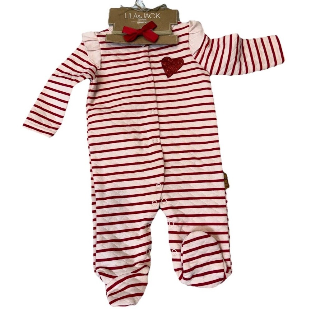 Valentine Lila & Jack Snap Stripe‎ Heart Infant Sleeper  Bow 0-3 Months NEW Set